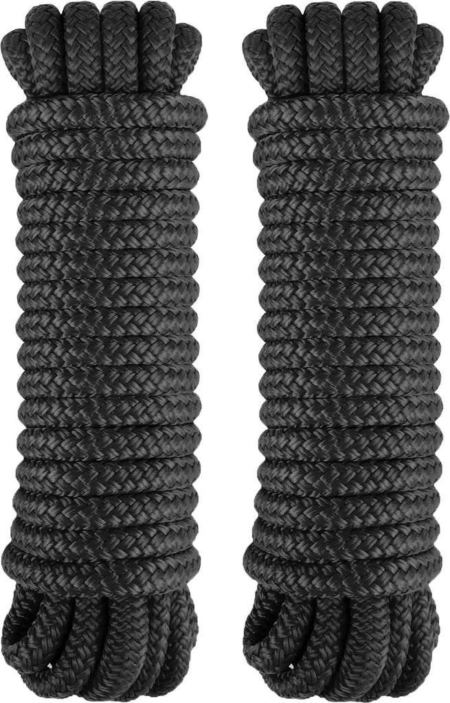 Dock Lines - Marine Grade Nylon Boat Rope with 12" Loop for Docking and Mooring - Double Braided Boat Lines, High Strength, Easy Handling, Fray Resistant - Black