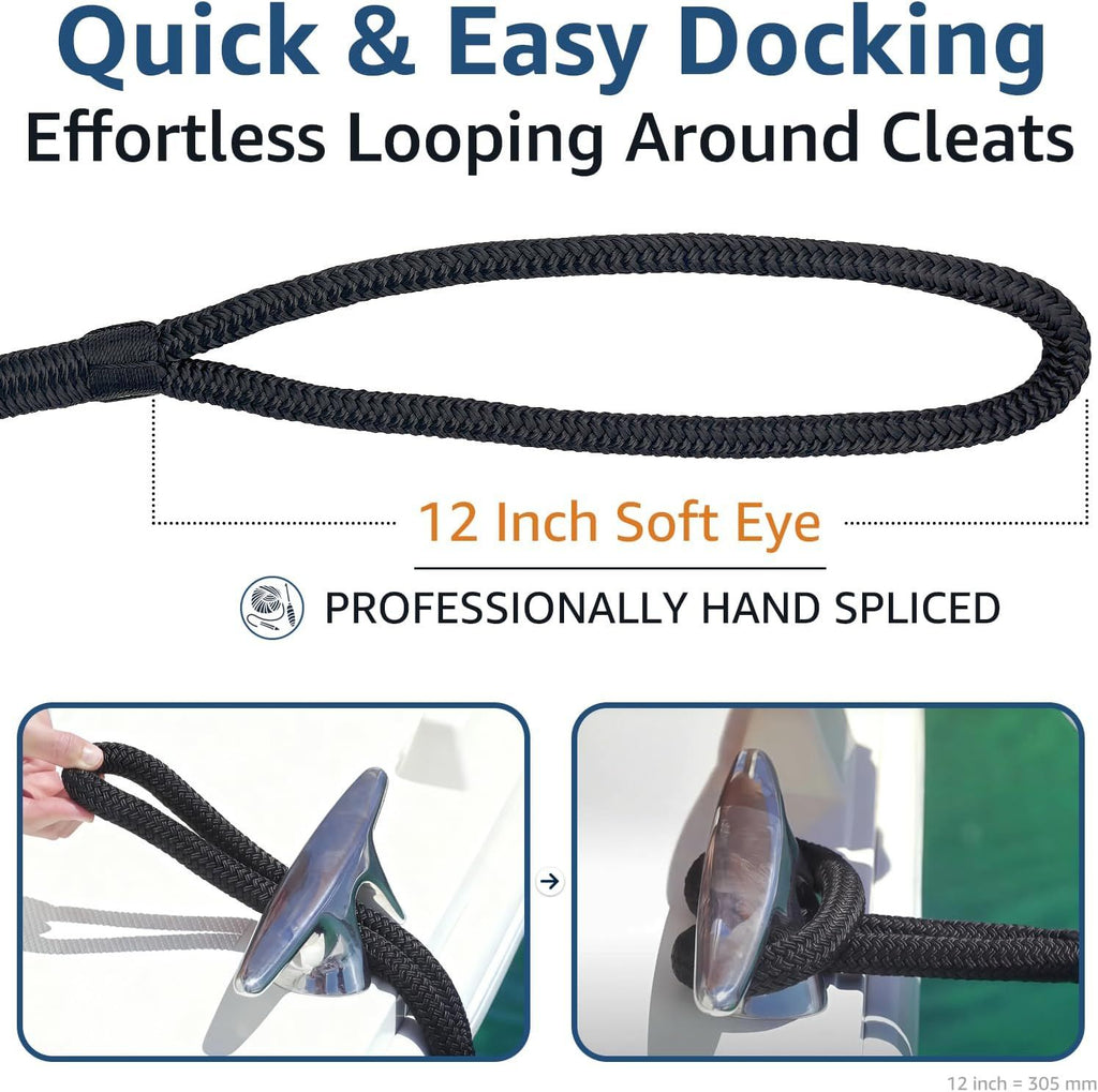 Dock Lines - Marine Grade Nylon Boat Rope with 12" Loop for Docking and Mooring - Double Braided Boat Lines, High Strength, Easy Handling, Fray Resistant - Black
