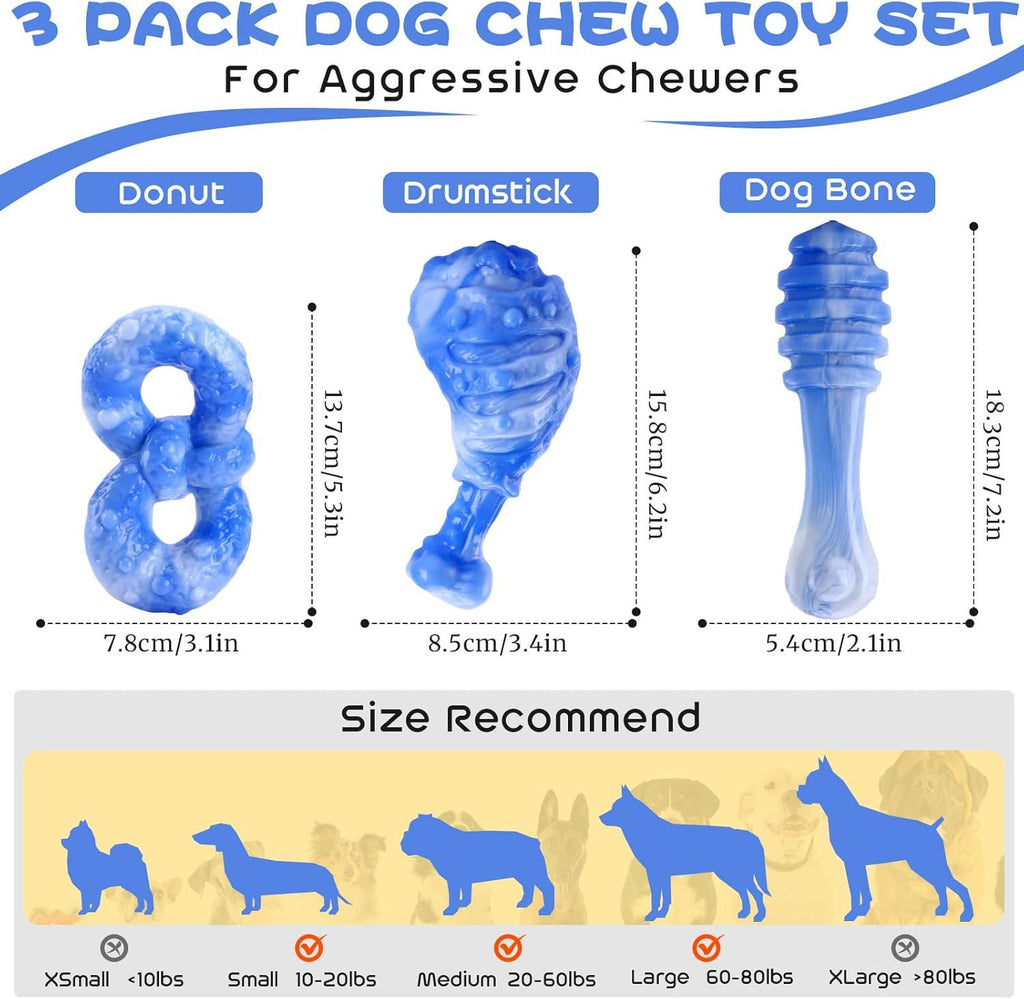 Dog Chew Toys for Aggressive Chewers 3 Pack, Indestructible Dog Toy to Keep Them Busy, Tough Dog Toys for Aggressive Chewers for Small, Medium and Large Breeds, Bacon Flavor, Blue