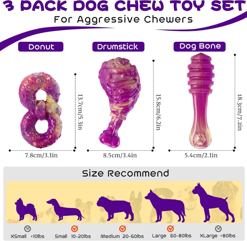 Dog Chew Toys for Aggressive Chewers 3 Pack, Indestructible Dog Toy to Keep Them Busy, Tough Dog Toys for Aggressive Chewers for Small, Medium and Large Breeds, Beef Flavor, Purple