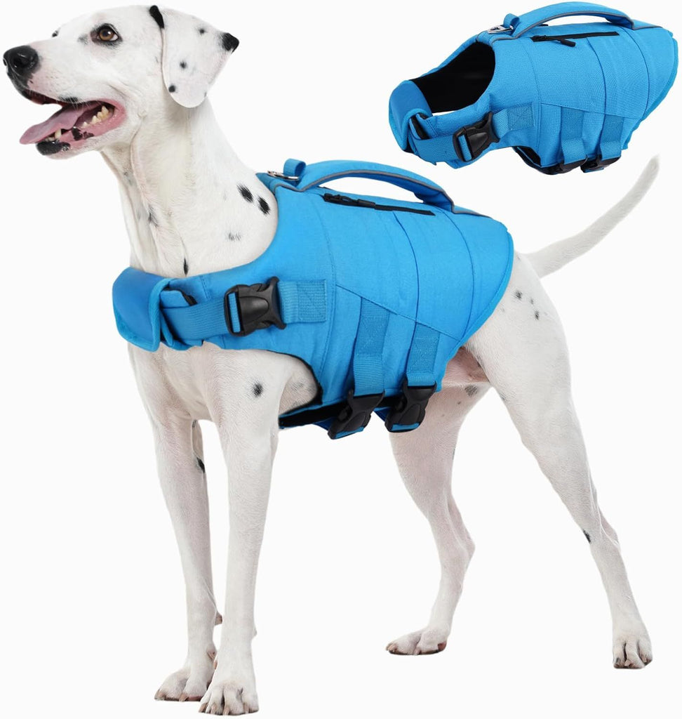 Dog Life Jacket, High Flotation Dog Life Vest for Swimming Boating, Adjustable Small Medium Large Dogs Swim Vest with Rescue Handle and Pocket, Reflective Safety Pet Lifejacket Floats for Pool