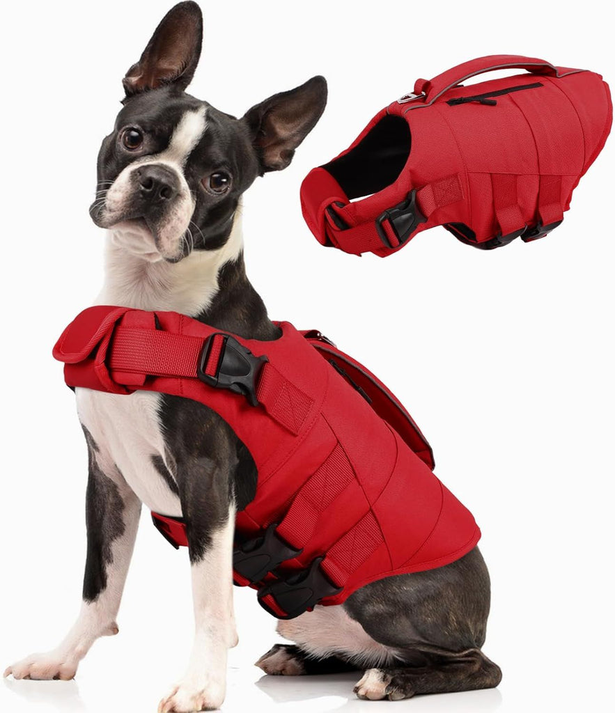 Dog Life Jacket, High Flotation Dog Life Vest for Swimming Boating, Adjustable Small Medium Large Dogs Swim Vest with Rescue Handle and Pocket, Reflective Safety Pet Lifejacket Floats for Pool