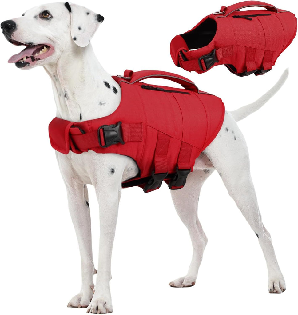 Dog Life Jacket, High Flotation Dog Life Vest for Swimming Boating, Adjustable Small Medium Large Dogs Swim Vest with Rescue Handle and Pocket, Reflective Safety Pet Lifejacket Floats for Pool