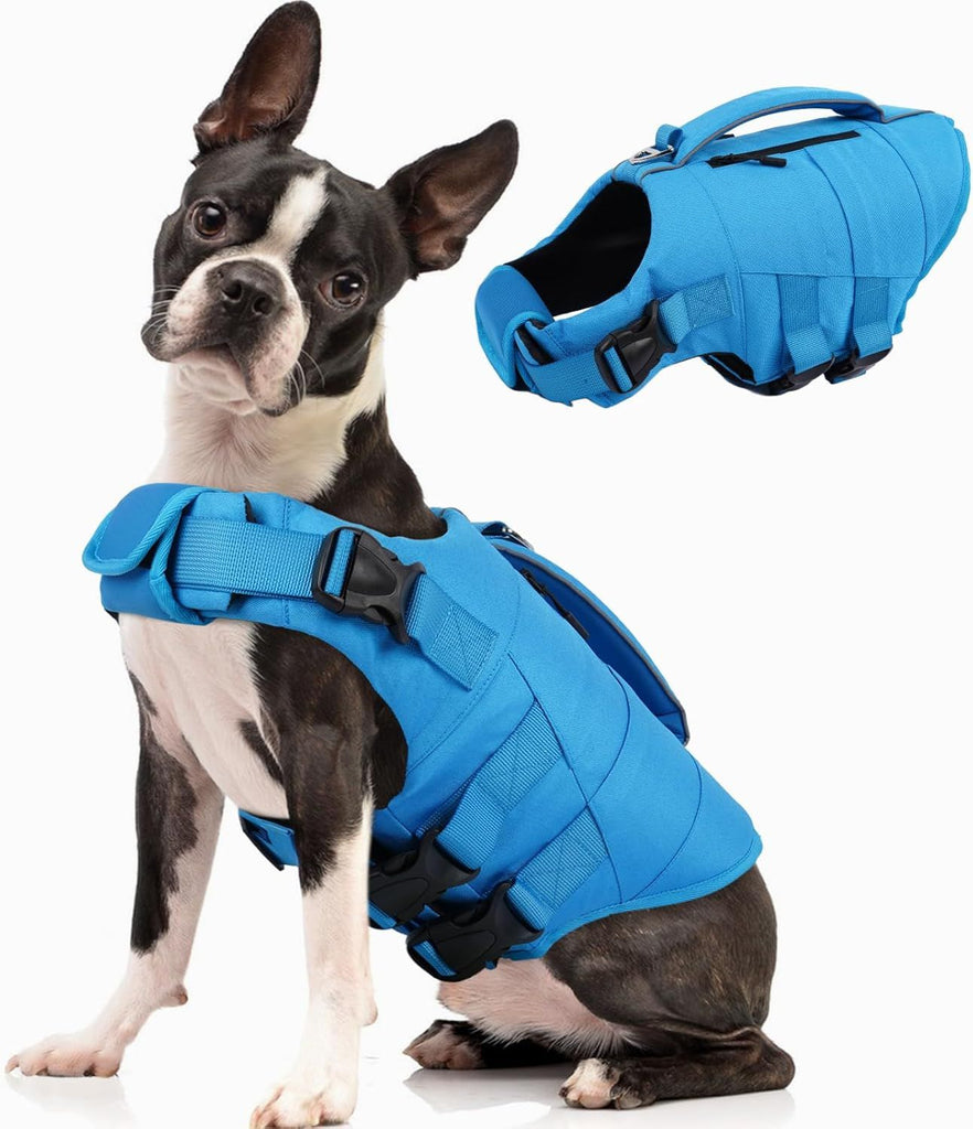 Dog Life Jacket, High Flotation Dog Life Vest for Swimming Boating, Adjustable Small Medium Large Dogs Swim Vest with Rescue Handle and Pocket, Reflective Safety Pet Lifejacket Floats for Pool