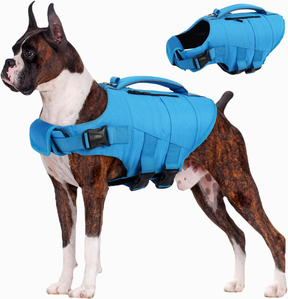 Dog Life Jacket, High Flotation Dog Life Vest for Swimming Boating, Adjustable Small Medium Large Dogs Swim Vest with Rescue Handle and Pocket, Reflective Safety Pet Lifejacket Floats for Pool