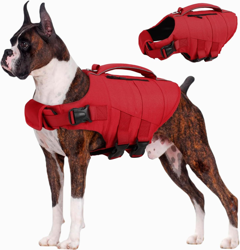 Dog Life Jacket, High Flotation Dog Life Vest for Swimming Boating, Adjustable Small Medium Large Dogs Swim Vest with Rescue Handle and Pocket, Reflective Safety Pet Lifejacket Floats for Pool
