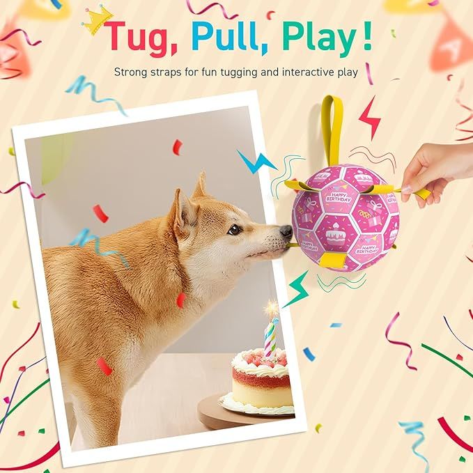 Dog , Squeaky Dogs Toys, Dog Soccer Ball with Straps, Puppy Gifts, Herding Balls with Bell Inside, Water Toy, Durable Ropes Ball for Medium Large Dogs (8 inch)