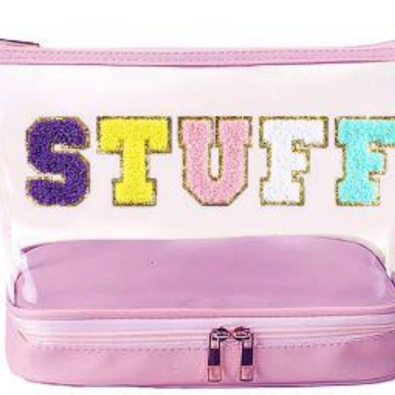 Double Layer Clear Makeup Bag with Colorful Chenille "STUFF" Letters