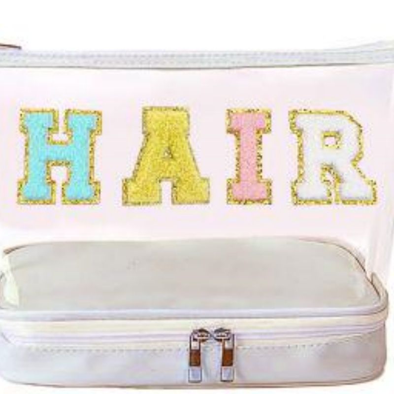 Double Layer Clear Makeup Bag with Colorful Chenille "STUFF" Letters