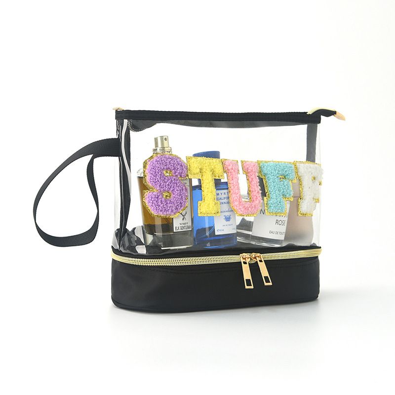 Double Layer Clear Makeup Bag with Colorful Chenille "STUFF" Letters