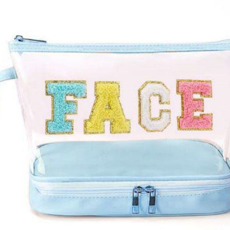 Double Layer Clear Makeup Bag with Colorful Chenille "STUFF" Letters