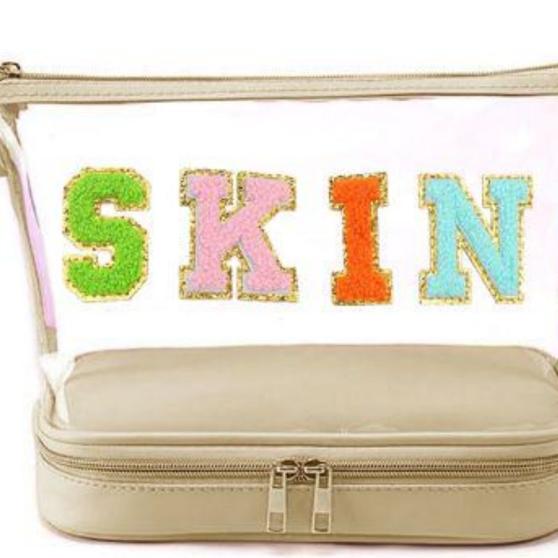 Double Layer Clear Makeup Bag with Colorful Chenille "STUFF" Letters