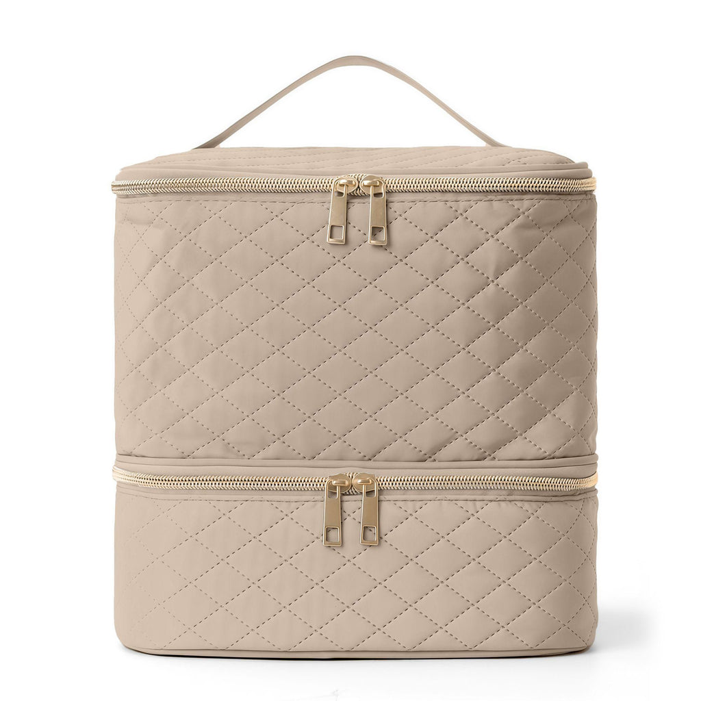 Double-layer diamond grid large-capacity makeup bag, portable hand-held compartmentalized skincare storage bag, travel wash bag
