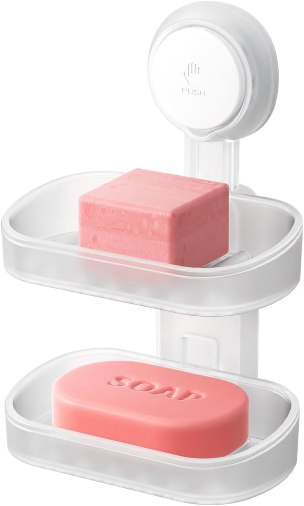 Double Layer Soap Dish Holder Suction Cup, Strong Sponge Holder for Shower, No Tools Soap Saver for Bathroom, Tub and Kitchen Sink, Shower Accessories, Drill-Free, Removable,Clear