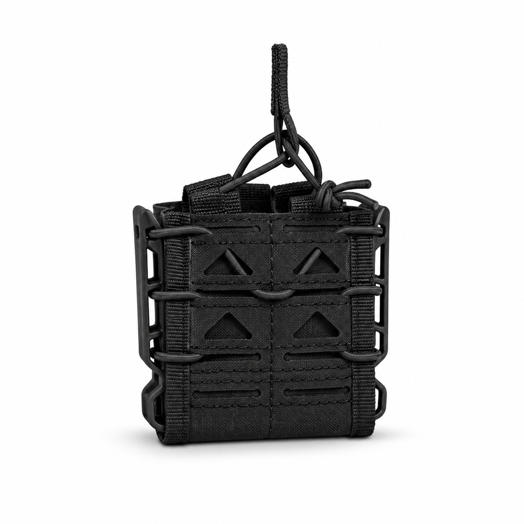 Double Magazine Pouch, Open-Top Dual Mag Holder with Adjustable Elastic Retention and Rigid Side Support, Modular Webbing Gear Pouch for Outdoor Training