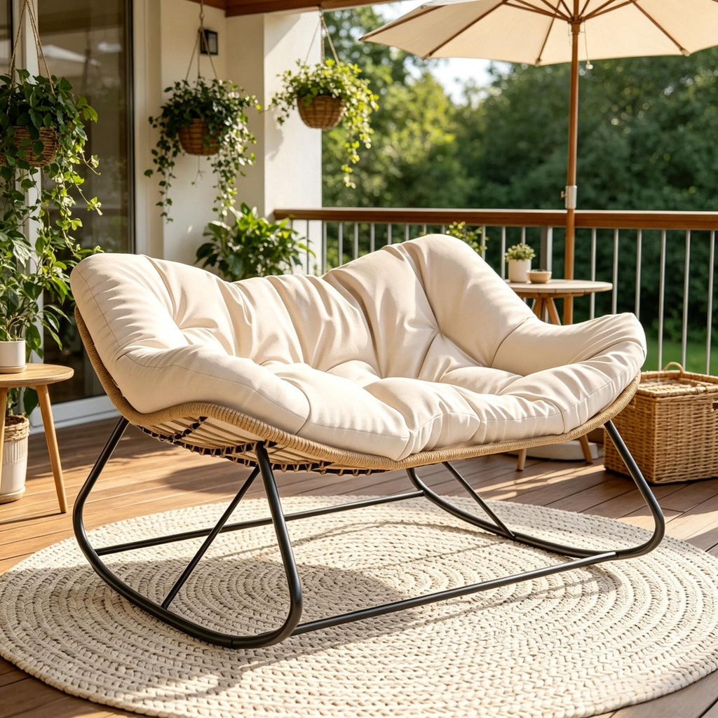 Double Outdoor Indoor Papasan Rocking Chair Oversized Egg Chair with Cushion for Garden Patio Cream White