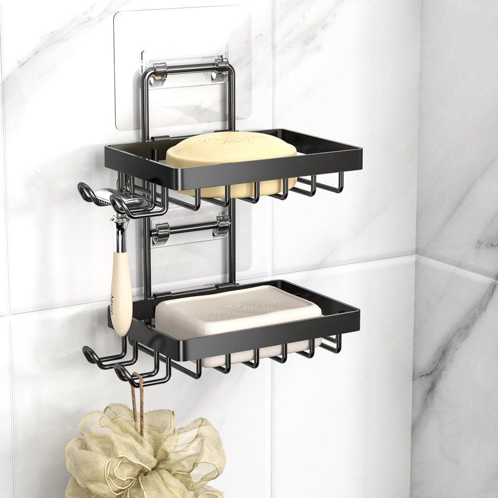 Double Soap Bar Holder for Shower, No Drilling, 304 Stainless Steel, Wall Mounted Soap Holder with 4 Hooks and Razor Holder, Shower Rack Soap Tray Bar Soap for Bathroom Accessories Organize