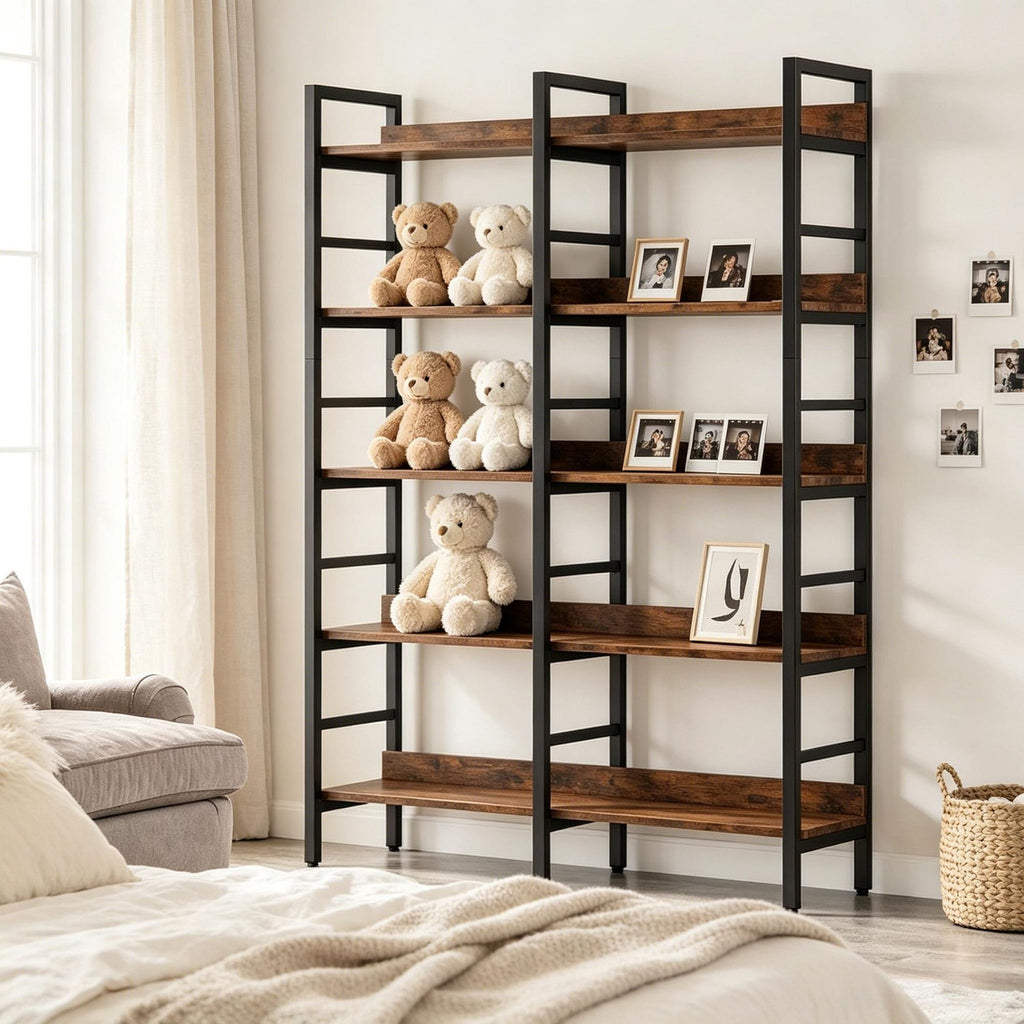 Double Wide 5-Tier Bookshelf Storage Unit Bookcase Shelves for Living Room Bedroom Organizer Rack