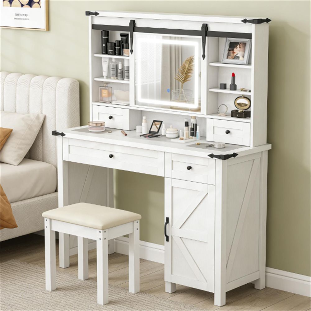 Dressing table, cushioned stool and storage drawer, cabinet, bedroom cabinet, storage cabinet, white