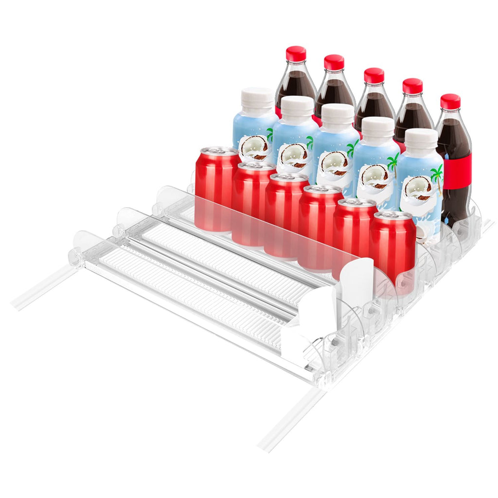 Drink Organizer for Fridge Spring Loaded Beverage Dispenser Width Adjustable Drink Holder with Automatic Pusher Glide 5 Rows Hold up to 25 Cans Bottles