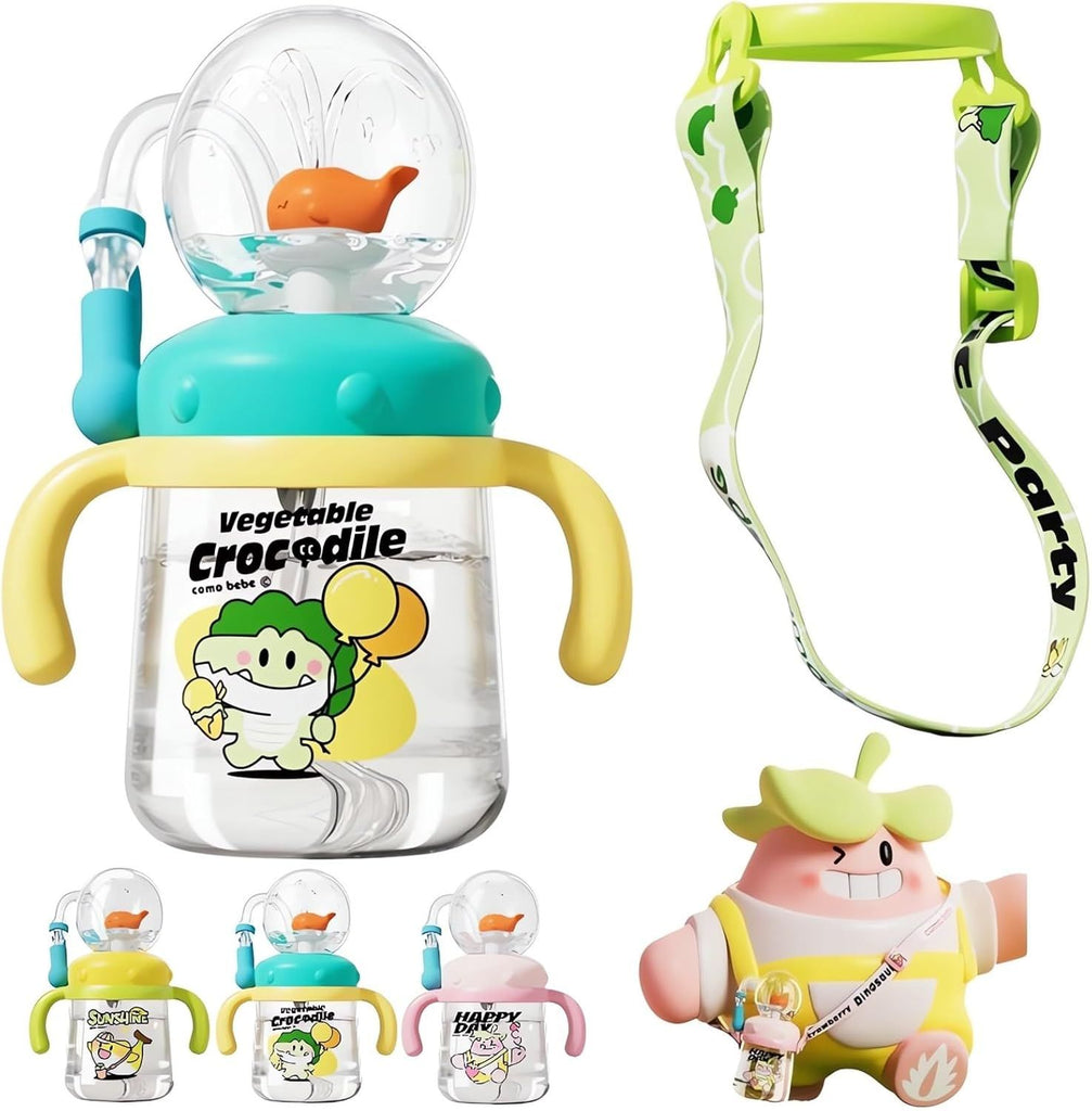 Drinking Cup with Whale Squirt 2025 Kids Weighted Sippy Cups No Spill Cute Water Bottle with Lids and Straws Leak Proof Handles Adjustable Strap 360 Squirting Milk Straw Training Sippy Cups (A1