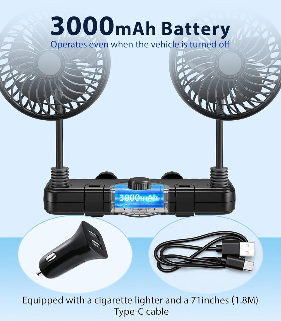 Dual Head Gooseneck Car Cooling Fans for Back Seat for Kids, 3000mAh Battery Powered Rechargeable Usb Car Headrest Fan for Baby Rear Facing, Car Seat Cooler That Blow Cold Air for Vehicles