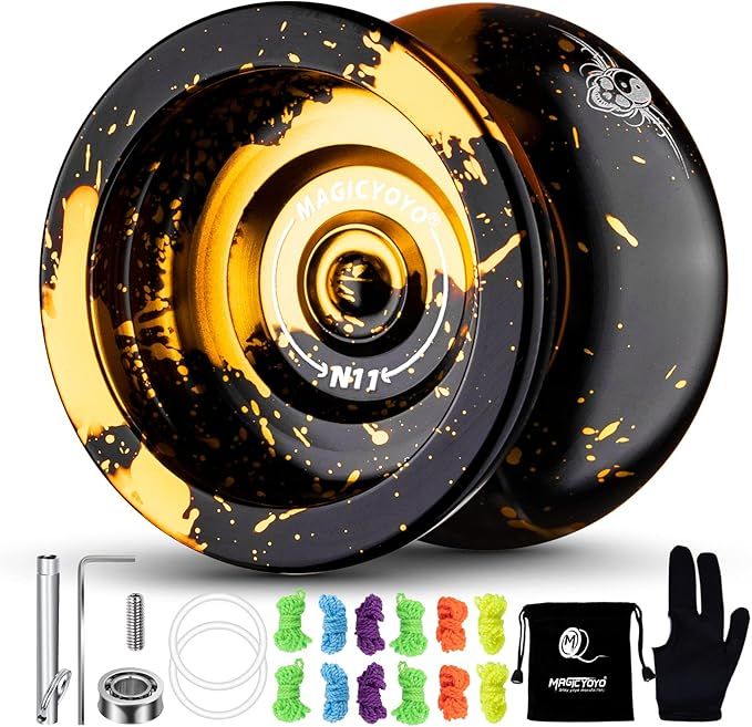 Dual Purpose Yoyo N11 - Responsive Yo Yo for Kids 8-12 or Above & Unresponsive Bearing Kit for Advanced Edge Hook Finger Spin with Yo Yo Glove + Bag + 12 Yoyo Strings (Black Golden)