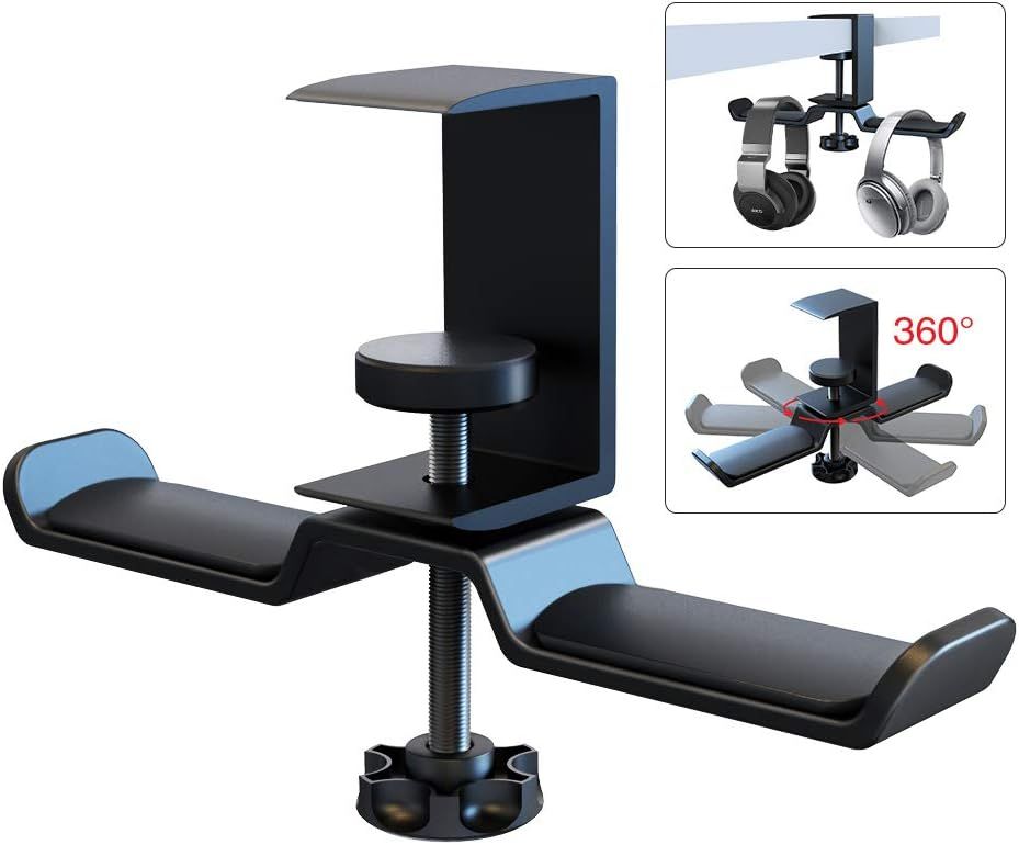 Dual Rotatable Headphone Stand Hanger Under Desk Clamp Headset Holder Aluminum Load up to 11lb Headset Stand Hanger Compatible with Universal Headphones, Black 6A-13BK