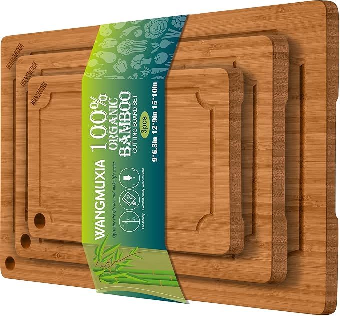 Durable Bamboo Cutting Boards for Kitchen – 3-Piece Set with Deep Juice Grooves, Carbonized Surface & Heavy-Duty Design, Perfect for Charcuterie, Meat, and Vegetables