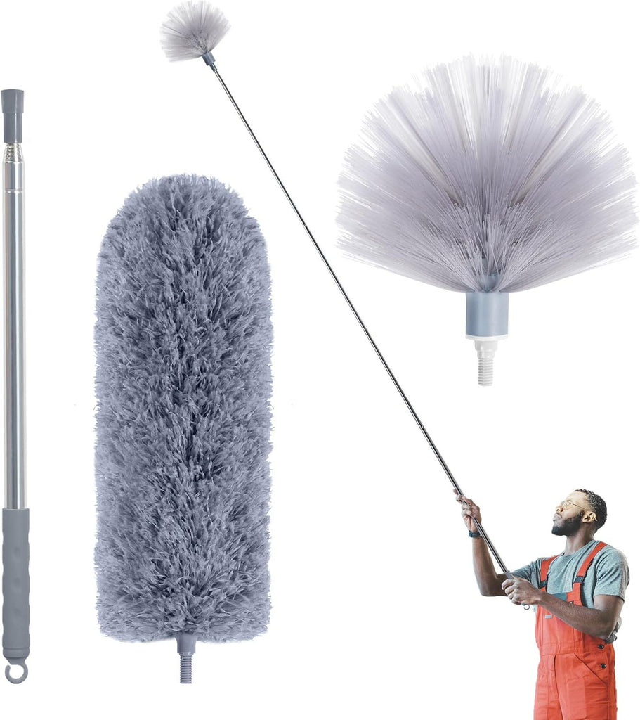 Duster with Extension Pole, Spider Web Brush & Ceiling Cleaning Kit, 100" Microfiber Feather Duster Cleaner with Washable Head for Ceiling Fan, Furniture, Home