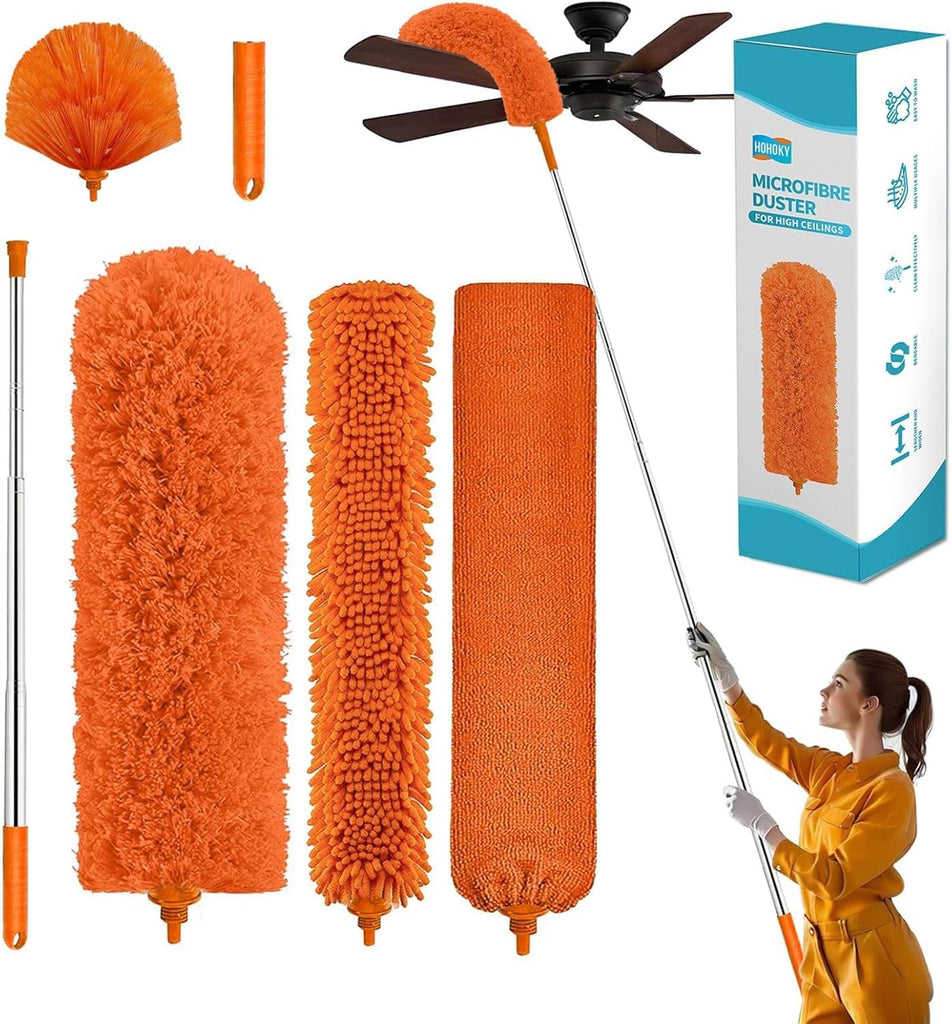 Duster with Extension Pole,Cleaner Outdoor 110" Telescoping Extended Sspider Brush, Dusting Kit,Long Handle Reach for High Ceilings and Fans,Microfiber Webster Remover Tools Feather Dusters
