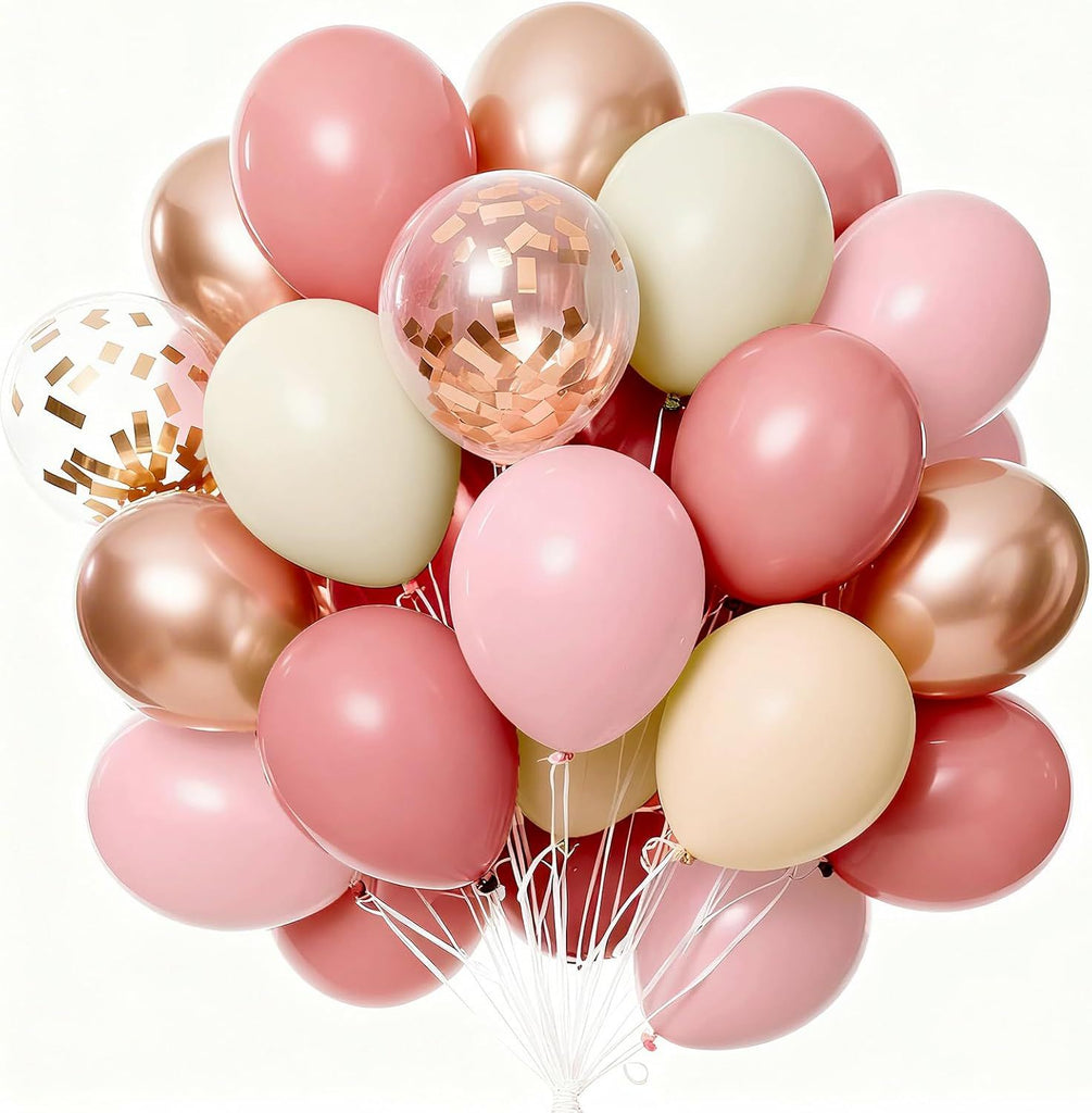 Dusty Pink Balloons 66pcs 12 Inch Blush Rose Pink Metallic Rose Gold Nude Boho White Sand Confetti Balloons for Baby Shower Birthday Gender Reveal Wedding Anniversary Party Decorations