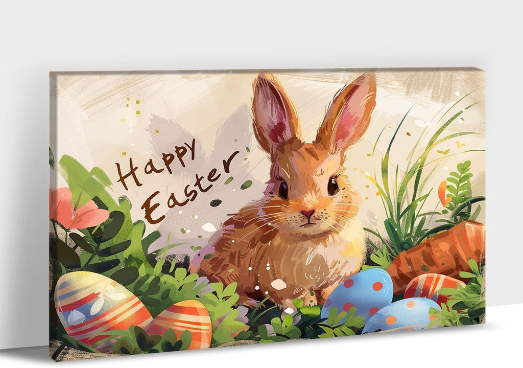 Easter Bunny Wall Art, Easter Bunny Prints Wall Decor, Spring Bunny Carrot Eggs Posters for Easter Wall Decor, Rustic Easter Pictures with Cute Bunny, Framed Spring Bedroom Decor Easter Gifts
