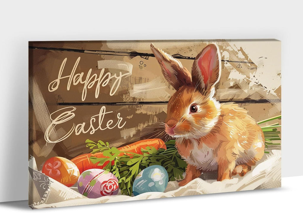 Easter Bunny Wall Art, Easter Bunny Prints Wall Decor, Spring Bunny Carrot Eggs Posters for Easter Wall Decor, Rustic Easter Pictures with Cute Bunny, Framed Spring Bedroom Decor Easter Gifts