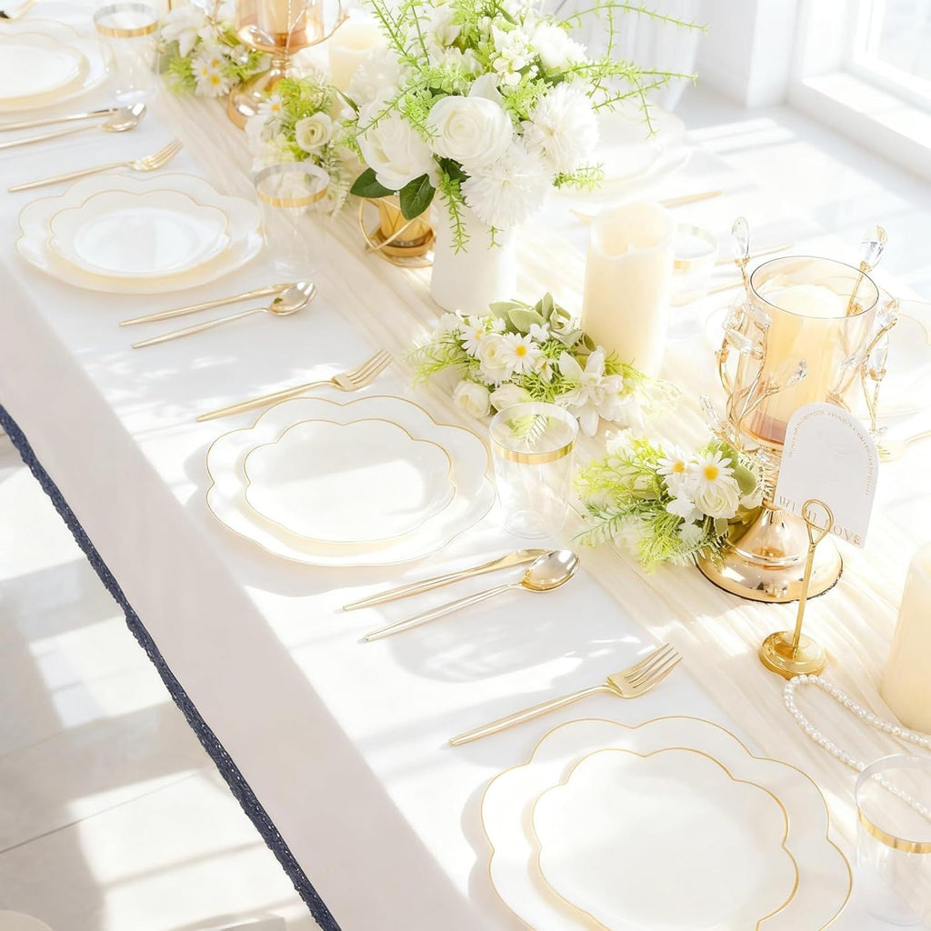 EI 180pcs Beige Plastic Plates with Gold Plastic Silverware,Heavy-Duty Disposable Plates for Party,Beige Dinnerware Set for 30 Guest Wedding,Afternoon Tea,Spring,Mother's Day,Valentine's Day,Easter