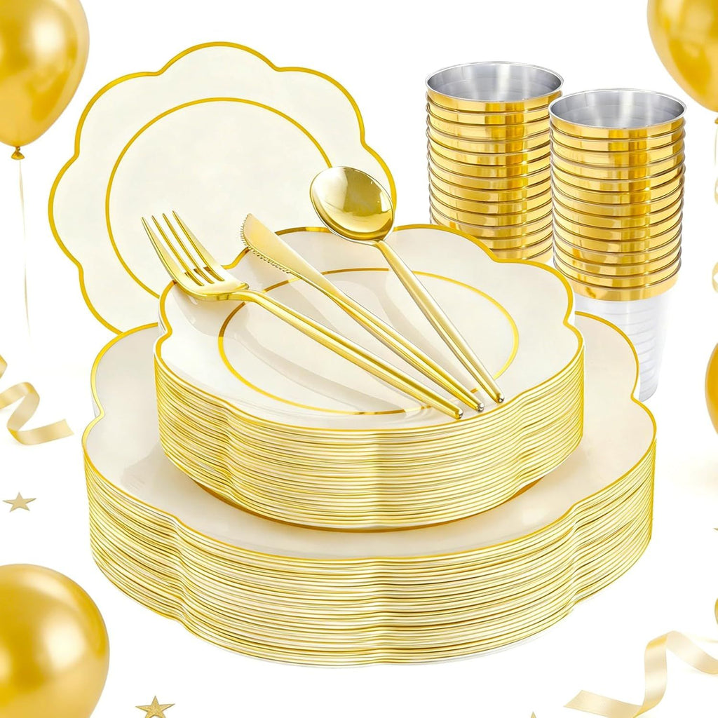 EI 180pcs Beige Plastic Plates with Gold Plastic Silverware,Heavy-Duty Disposable Plates for Party,White Dinnerware Set for 30 Guest Wedding,Afternoon Tea,Spring,Valentine's Day,Easter