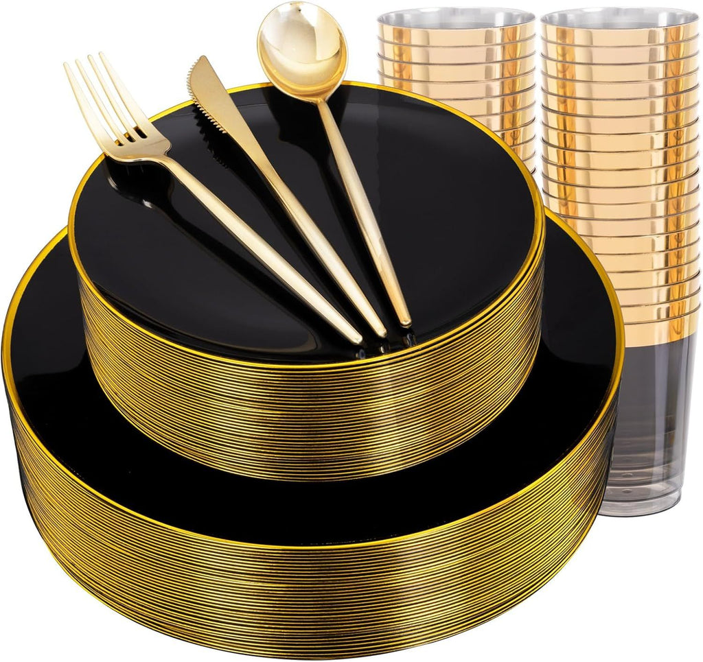 EI 180pcs Black Plastic Plates Black and Gold Disposable Plates Gold Plastic Dinnerware Set Silverware and Cups for Birthday,Wedding,Festival,Party Graduation,Spring Afternoon Tea Business Event