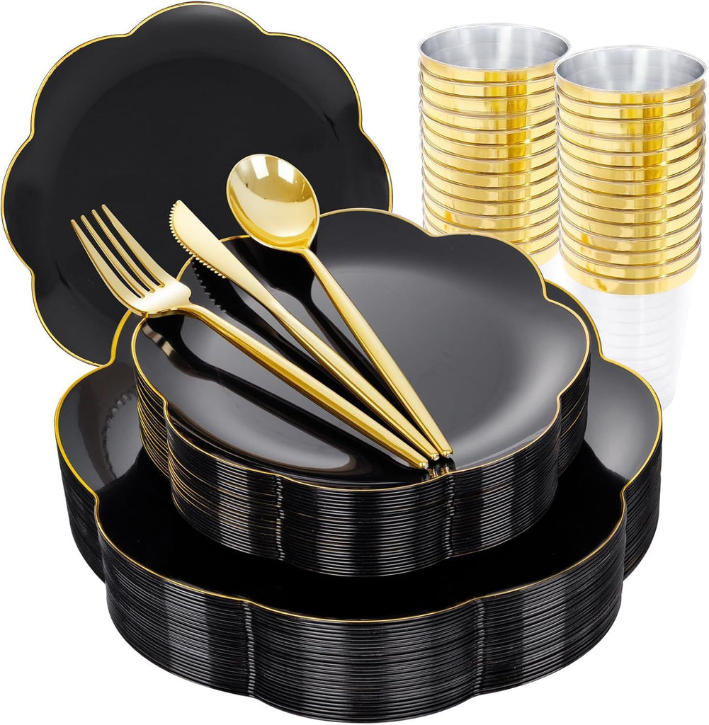 EI 180pcs Black Plastic Plates with Gold Plastic Silverware,Black and Gold Plates Disposable,Heavy Duty Plate for Party,Wedding,Anniversary,Spring Afternoon Tea Business Event