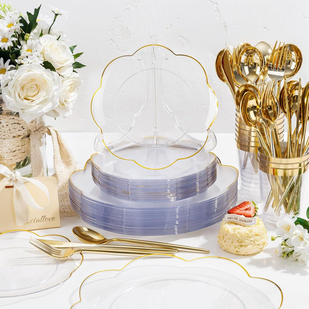 EI 180pcs Clear and Gold Plastic Plates with Plastic Silverware,Dinnerware Plate Set for Party,Disposable Plates Heavy Duty Clear Gold Cups for Wedding,Birthday,Spring Afternoon Tea