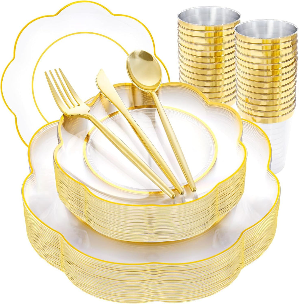 EI 180pcs Clear Plastic Plates with Gold Plastic Silverware, Plate for Party,Clear Dinnerware Set,Heavy Duty Plate for Wedding,Afternoon Tea,Spring,Mother's Day,Valentine's Day,Easter