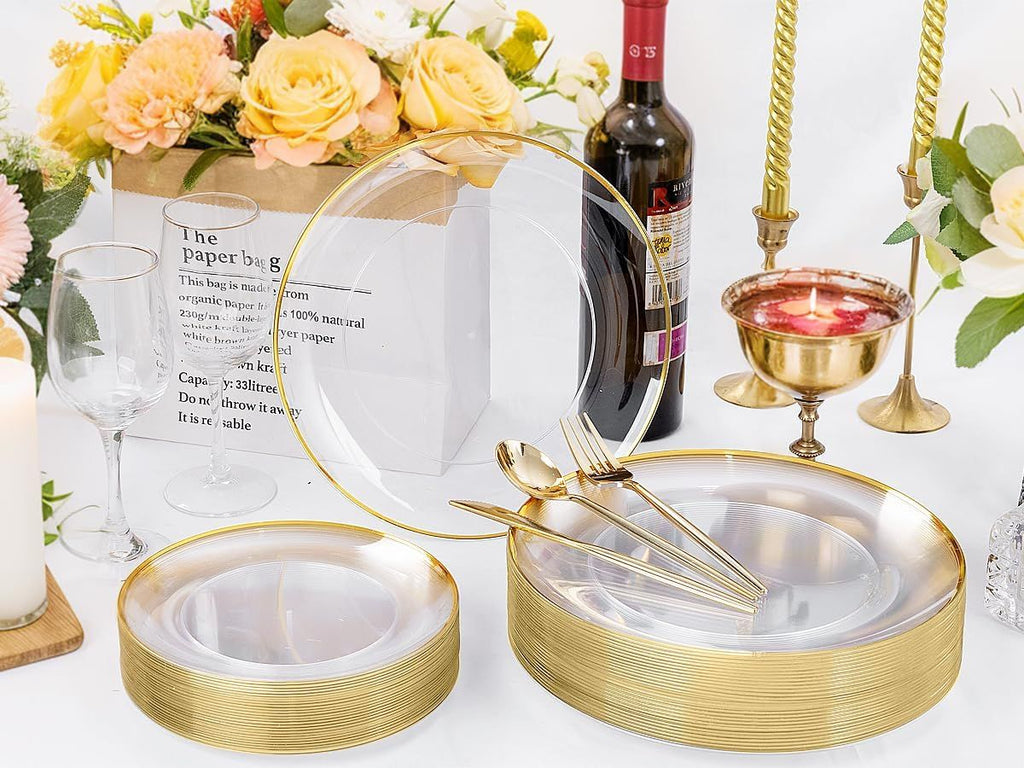 EI 180pcs Gold Plastic Plates,Clear Plates with Gold Trim,Plastic Plate for Party,Clear Dinnerware Set Silverware Cups for Baby Shower,Wedding,Spring Afternoon Tea