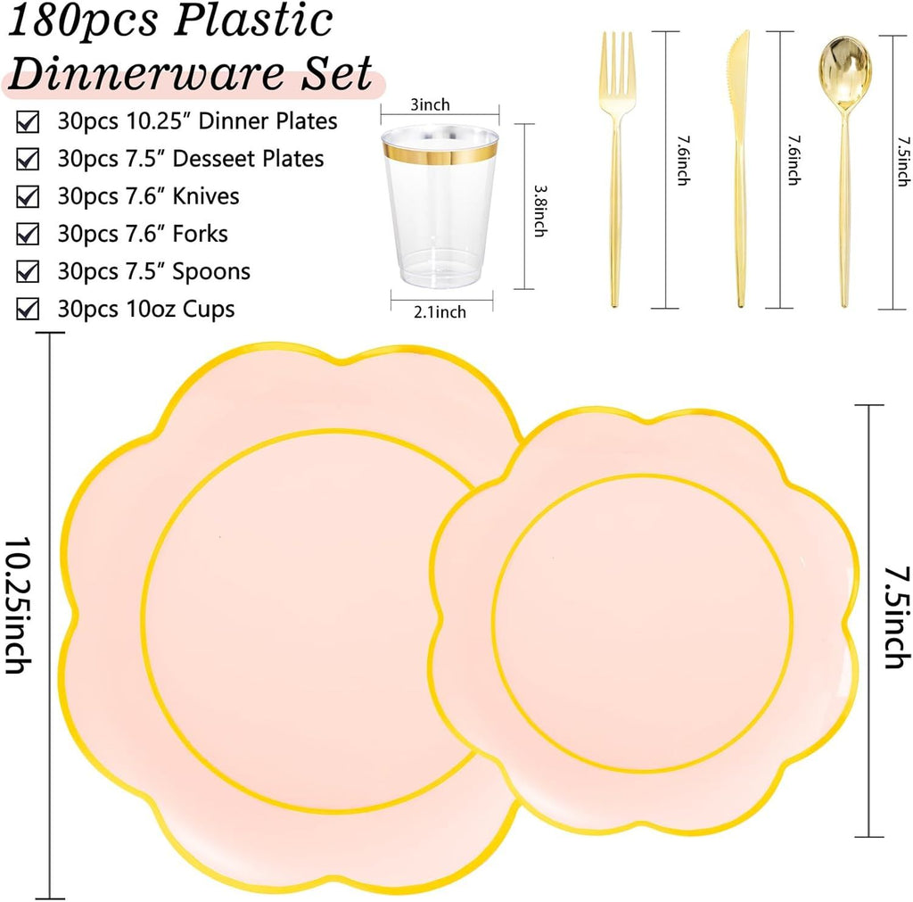 EI 180pcs Pink Plastic Plates with Gold Plastic Silverware,Heavy-Duty Disposable Plates for Party,White Dinnerware Set for 30 Guest Wedding,Birthday,Valentine's Day