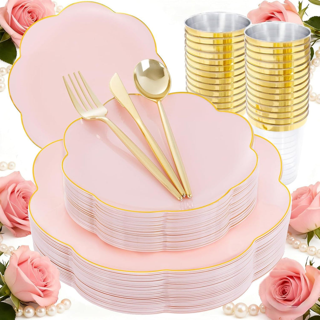 EI 180pcs Pink Plastic Plates with Gold Plastic Silverware,Party Plates Disposable,Pink Dinnerware Set for Afternoon Tea,Wedding,Birthday,Easter,Spring,Mother's Day,Valentine's Day