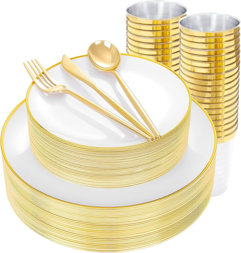 EI 180pcs White and Gold Plastic Plates,Gold Plastic Plates for Party,Fancy Plate Disposable Dinnerware Sets,Gold Disposable Silverware and Cups for Wedding,Baby Shower,Spring Afternoon Tea