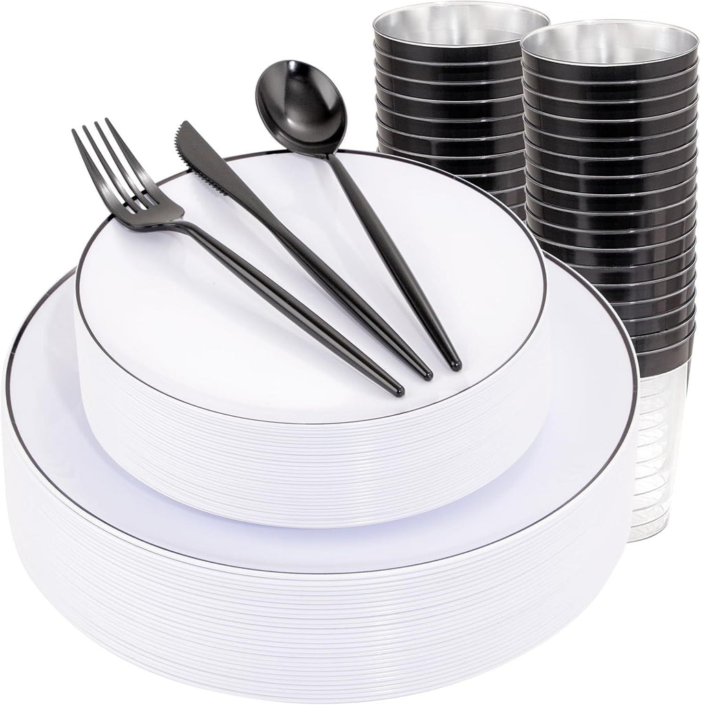 EI 180pcs White Plastic Dinnerware Set Include Black Disposable Silverware,Dinner and Dessert Plates,Cups,White Plastic Plates with Black Rim Perfect for Wedding,Birthday,Partys,Business Events,Hotel