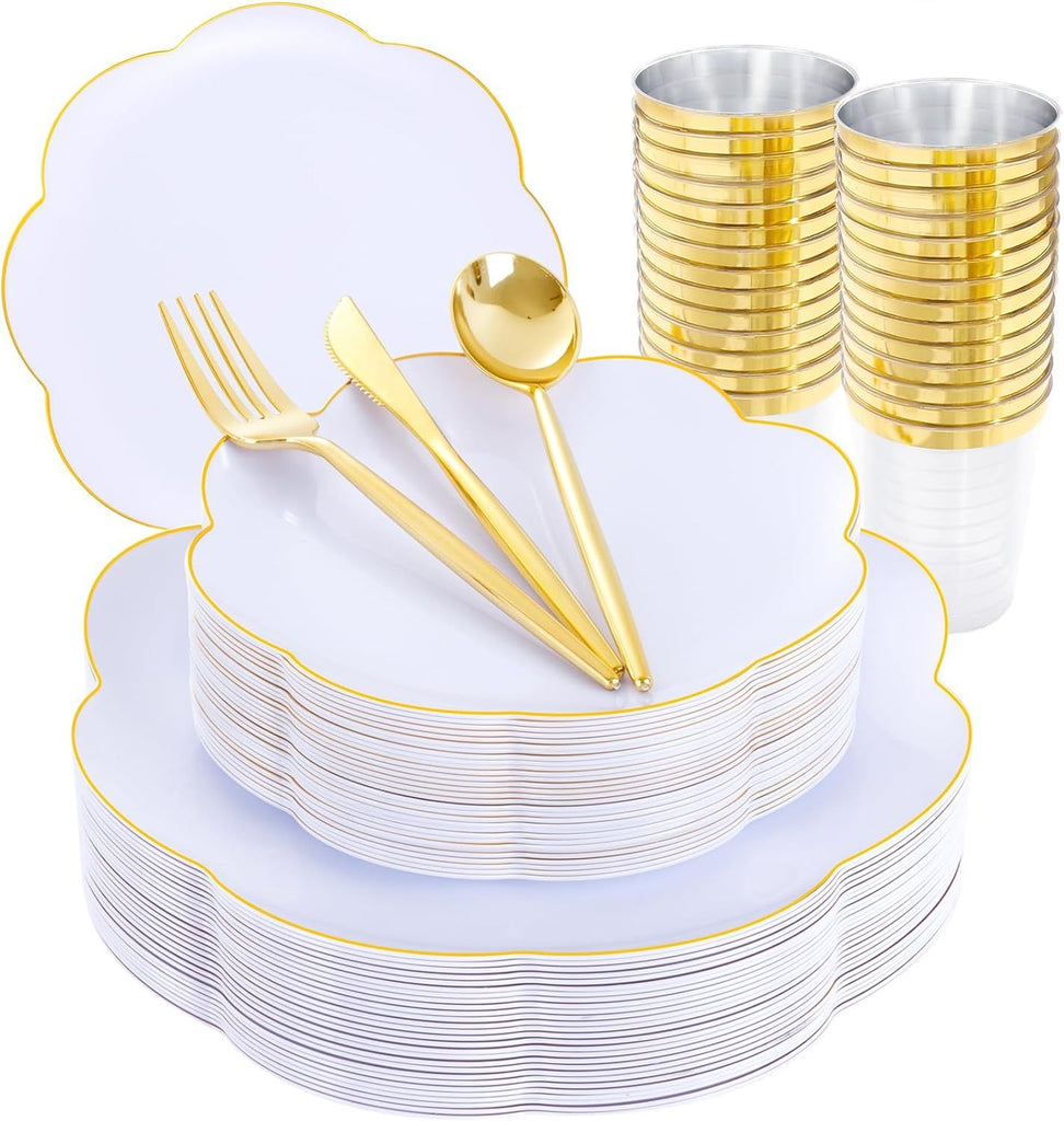 EI 180pcs White Plastic Plates with Gold Plastic Silverware,Heavy-Duty Disposable Plates for Party,White Dinnerware Set for 30 Guest Wedding,Birthday,Spring Afternoon Tea