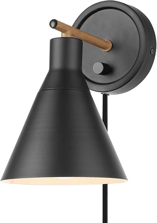 Electric 51725 1-Light Dimmable Plug-in or Hardwire Wall Sconce, Matte Black, Faux Walnut Accent, Stepless Dimming Rotary Switch on Canopy, Black Fabric Cord, Bulb Not Included