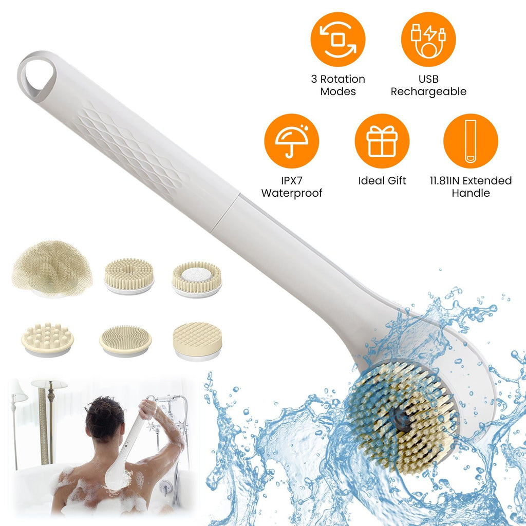 Electric Bath Brush Body Scrubber Rechargeable Massaging Spin Brush with 6 Shower Brush Heads 3 Rotating Modes Extended Handle GPCT5260
