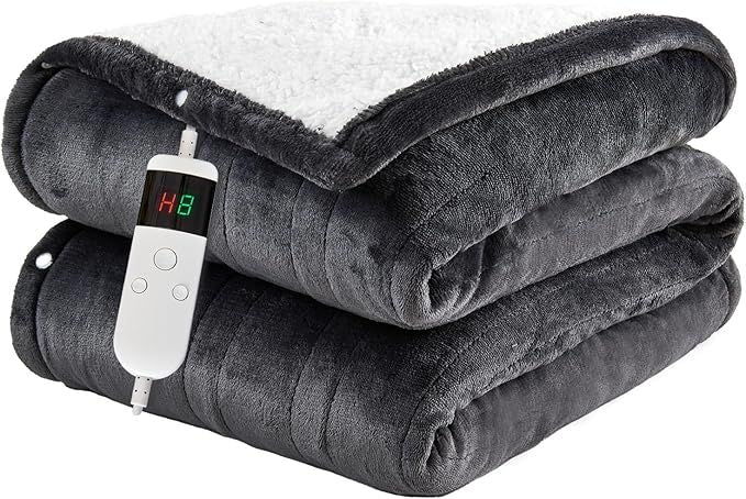 Electric Blanket Heated Throw, Soft Flannel 50"x60" Heating Blanket with 8 Hours Auto Off 10 Fast Heating Levels Machine Washable Sherpa Heated Blanket with Overheating Protection