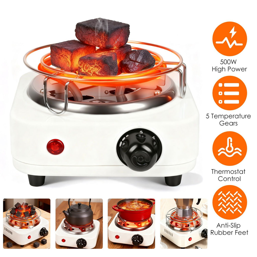 Electric Charcoal Burner 500W Hookah Charcoal Burner Compact Coal Burner for Hooka Cubes Shisha with Grill and Tongs 5 Temperature Gears 338°F-1022°F Thermostat Control